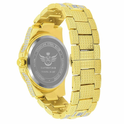 Men's Fully Iced 18K Gold Tone Simulated Diamond Solid Steel Back 5 ATM Water Resistant Celebrity Wear Luxury Watch 43mm W/Date Function