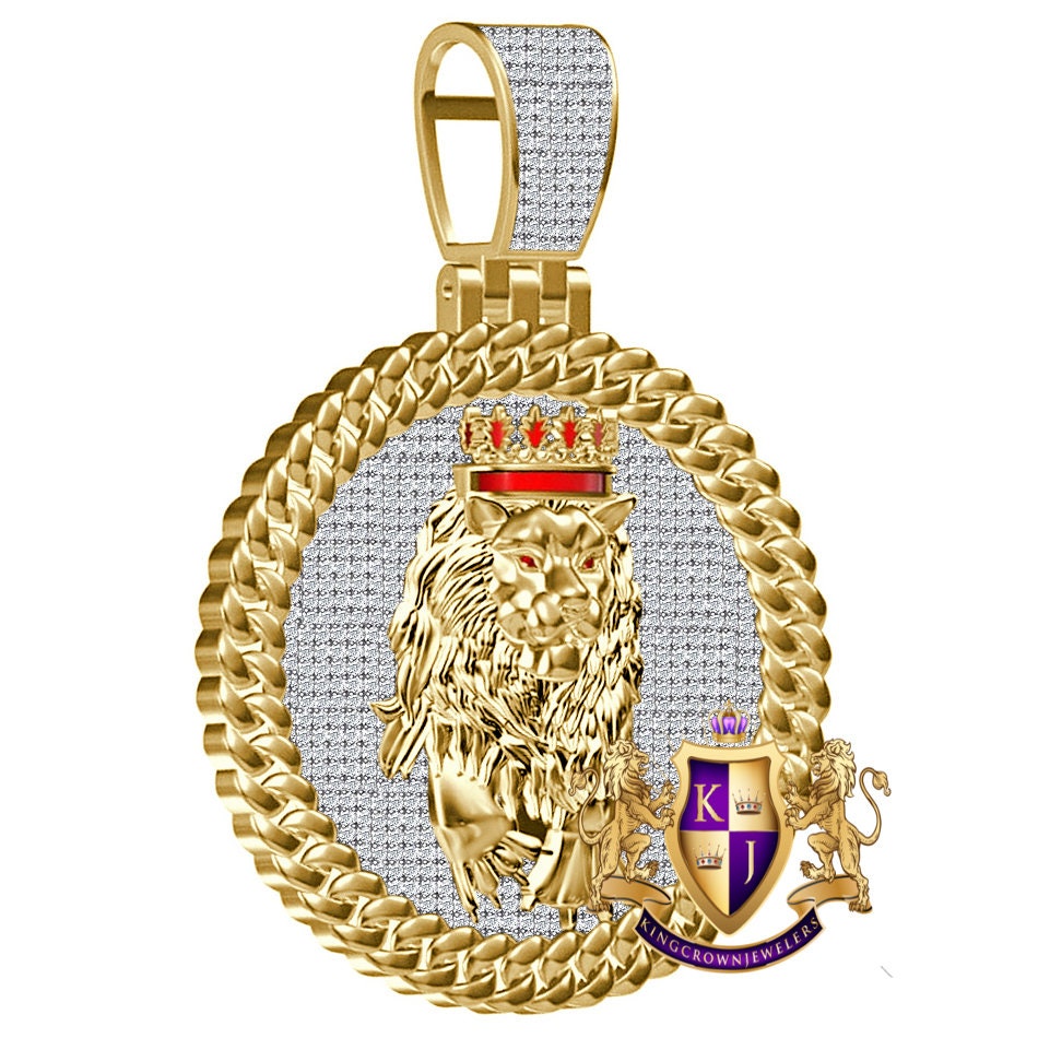 Real Genuine Authentic 2.00 Cwt. VVS1 MOISSANITE Diamond 28+ Grams Walking Lion King Crown Face Charm 10K Gold Over Pendant Medallion 2.25''
