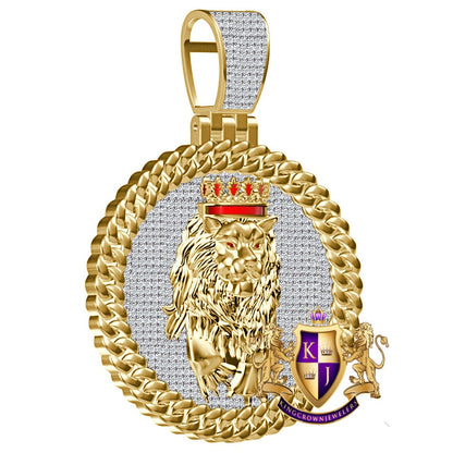 Real Genuine Authentic 2.00 Cwt. VVS1 MOISSANITE Diamond 28+ Grams Walking Lion King Crown Face Charm 10K Gold Over Pendant Medallion 2.25''
