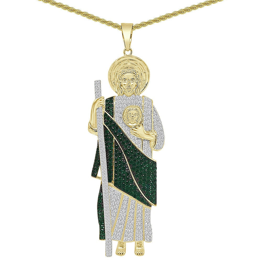 26+ Grams Big 3.70'' Real Sterling Silver 2.50 Cwt. Simulated Diamond 14K Gold On Saint Jude San Judas Religious Jesus Pendant Charm + Chain