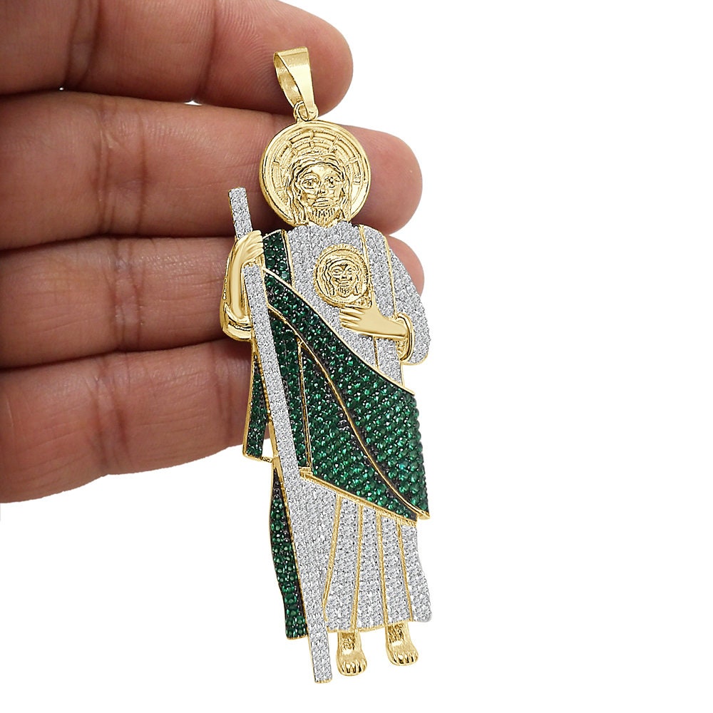 26+ Grams Big 3.70'' Real Sterling Silver 2.50 Cwt. Simulated Diamond 14K Gold On Saint Jude San Judas Religious Jesus Pendant Charm + Chain