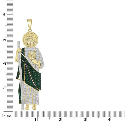 26+ Grams Big 3.70'' Real Sterling Silver 2.50 Cwt. Simulated Diamond 14K Gold On Saint Jude San Judas Religious Jesus Pendant Charm + Chain
