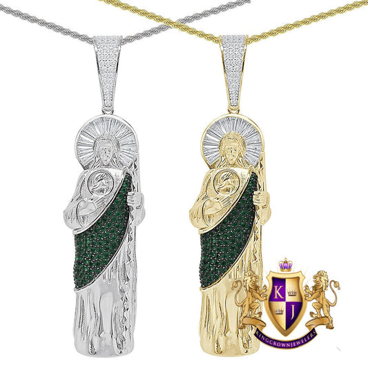 31+ Grams Real Sterling Silver 1.25 Cwt. Simulated Diamond 14K Gold On Saint Jude San Judas Religious Jesus Pendant Charm + Chain Big 3.25''