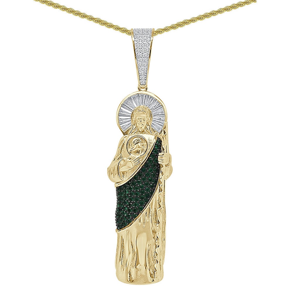 31+ Grams Real Sterling Silver 1.25 Cwt. Simulated Diamond 14K Gold On Saint Jude San Judas Religious Jesus Pendant Charm + Chain Big 3.25''
