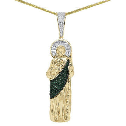 31+ Grams Real Sterling Silver 1.25 Cwt. Simulated Diamond 14K Gold On Saint Jude San Judas Religious Jesus Pendant Charm + Chain Big 3.25''