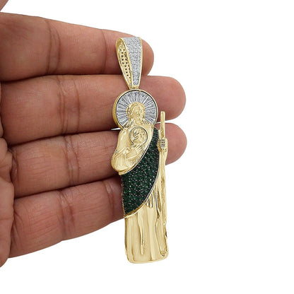 31+ Grams Real Sterling Silver 1.25 Cwt. Simulated Diamond 14K Gold On Saint Jude San Judas Religious Jesus Pendant Charm + Chain Big 3.25''