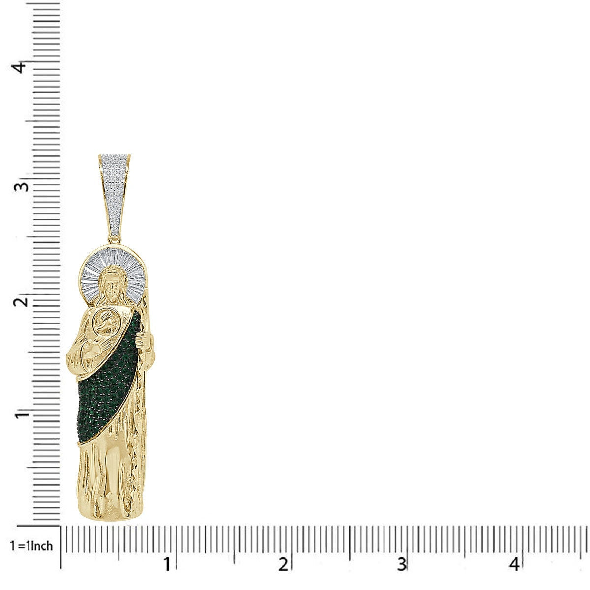 31+ Grams Real Sterling Silver 1.25 Cwt. Simulated Diamond 14K Gold On Saint Jude San Judas Religious Jesus Pendant Charm + Chain Big 3.25''