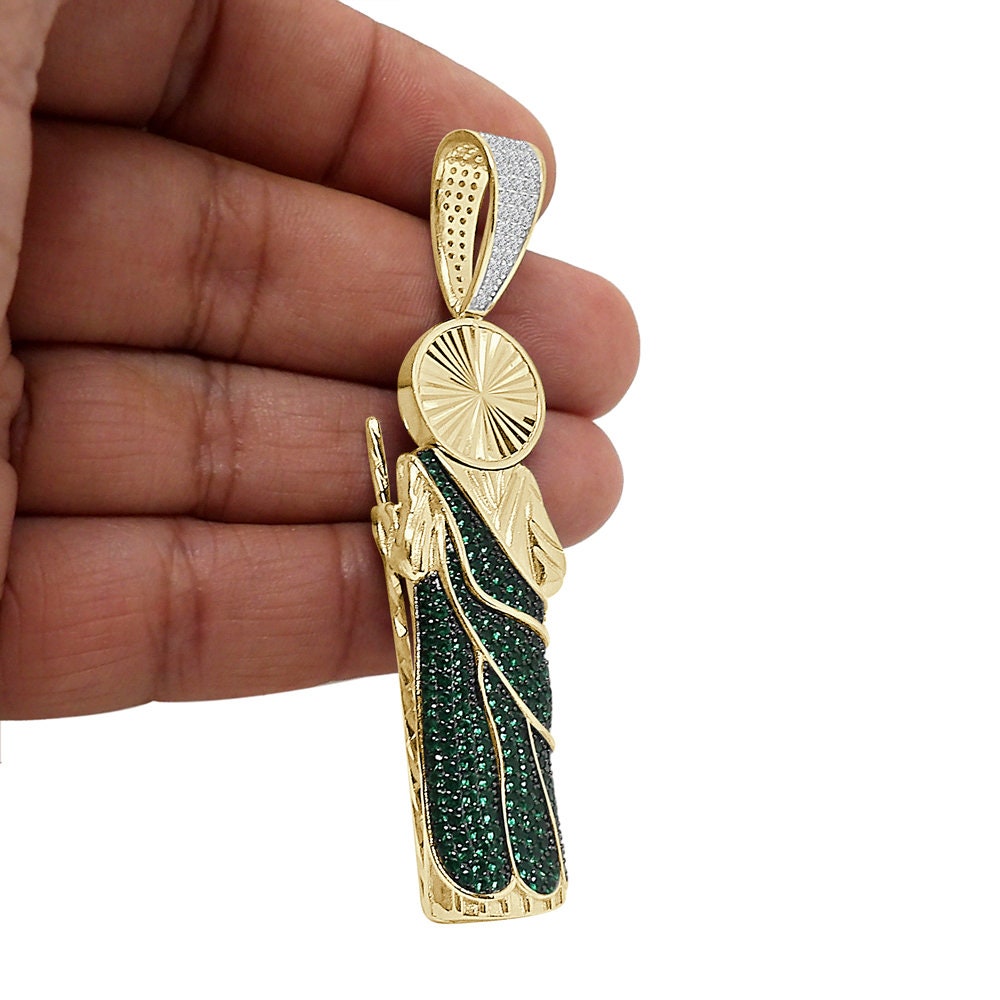 31+ Grams Real Sterling Silver 1.25 Cwt. Simulated Diamond 14K Gold On Saint Jude San Judas Religious Jesus Pendant Charm + Chain Big 3.25''