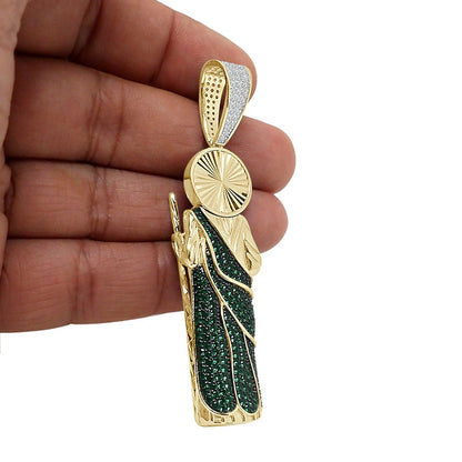 31+ Grams Real Sterling Silver 1.25 Cwt. Simulated Diamond 14K Gold On Saint Jude San Judas Religious Jesus Pendant Charm + Chain Big 3.25''