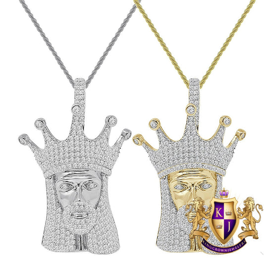 20+ Grams Real Sterling Silver 2.00 Cwt. Simulated Diamond 14K Gold On Jesus Christ Crown Face Religious Pendant Charm + Free Chain Neckless