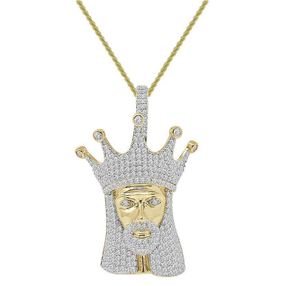 20+ Grams Real Sterling Silver 2.00 Cwt. Simulated Diamond 14K Gold On Jesus Christ Crown Face Religious Pendant Charm + Free Chain Neckless