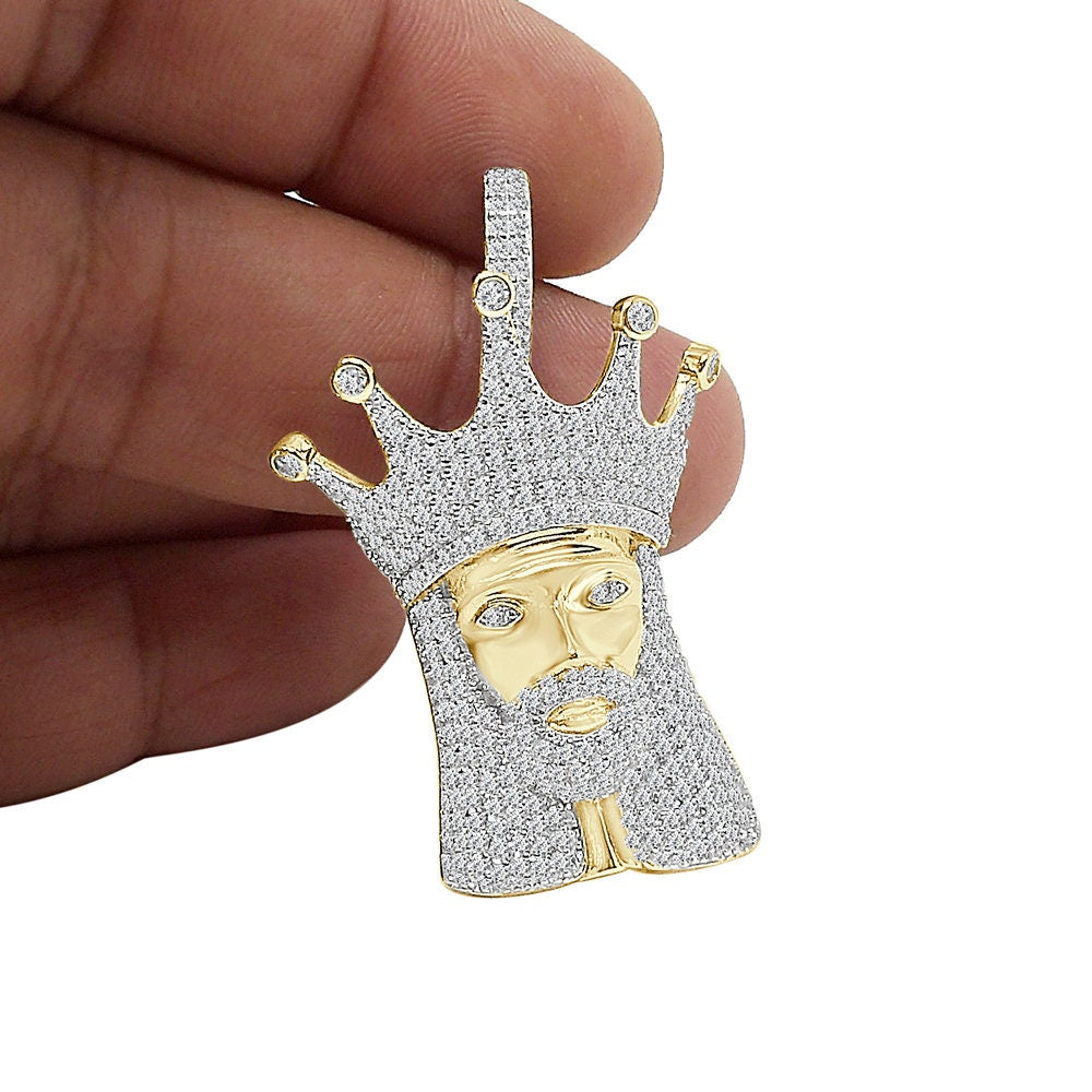 20+ Grams Real Sterling Silver 2.00 Cwt. Simulated Diamond 14K Gold On Jesus Christ Crown Face Religious Pendant Charm + Free Chain Neckless