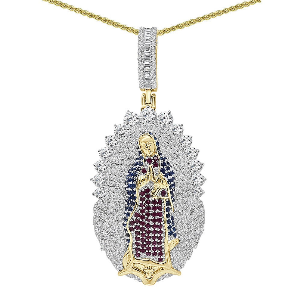 Real Genuine Sterling Silver 24+ Grams Multi Tone 2.65 Cwt. Simulated Diamond Mother Mary Lady of Guadalupe Jesus Charm Pendant + Free Chain