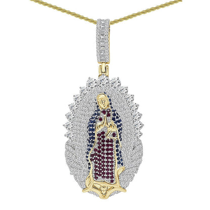 Real Genuine Sterling Silver 24+ Grams Multi Tone 2.65 Cwt. Simulated Diamond Mother Mary Lady of Guadalupe Jesus Charm Pendant + Free Chain