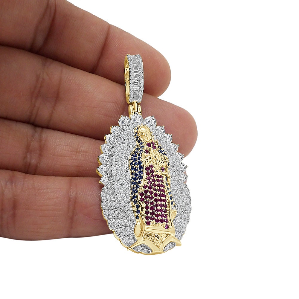 Real Genuine Sterling Silver 24+ Grams Multi Tone 2.65 Cwt. Simulated Diamond Mother Mary Lady of Guadalupe Jesus Charm Pendant + Free Chain