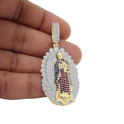 Real Genuine Sterling Silver 24+ Grams Multi Tone 2.65 Cwt. Simulated Diamond Mother Mary Lady of Guadalupe Jesus Charm Pendant + Free Chain
