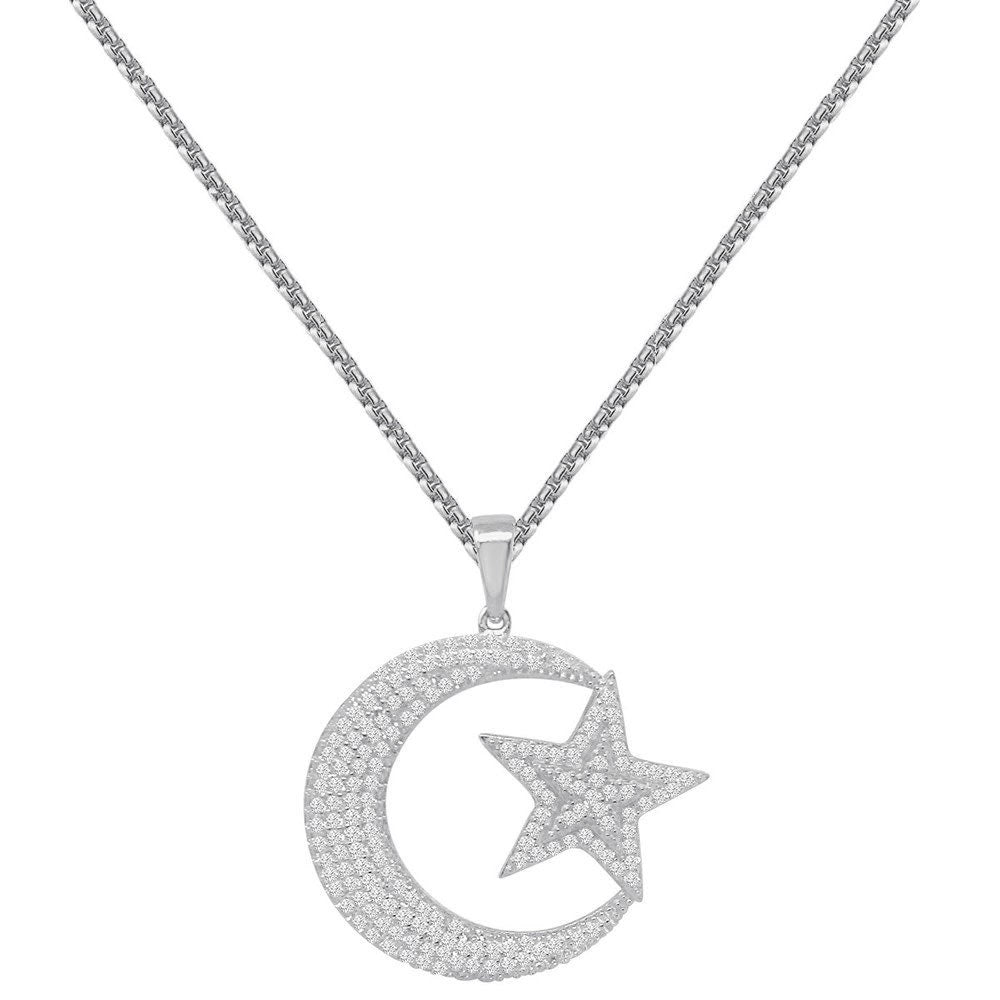 Real Genuine Sterling Silver Allah Muslim Islamic Crescent Moon and Star Charm Simulated Diamond Pendant Chain Neckless Set Small 1.35''