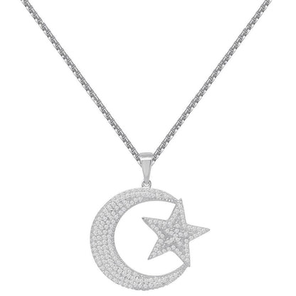 Real Genuine Sterling Silver Allah Muslim Islamic Crescent Moon and Star Charm Simulated Diamond Pendant Chain Neckless Set Small 1.35''