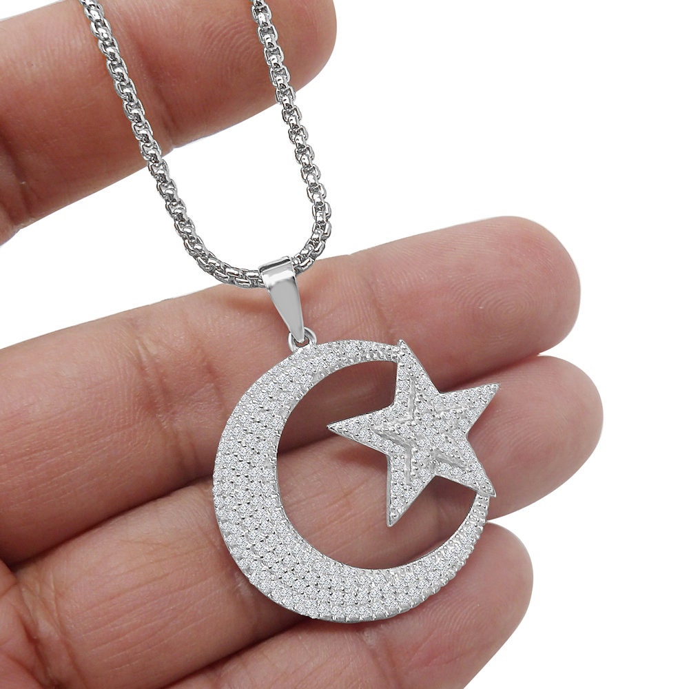Real Genuine Sterling Silver Allah Muslim Islamic Crescent Moon and Star Charm Simulated Diamond Pendant Chain Neckless Set Small 1.35''