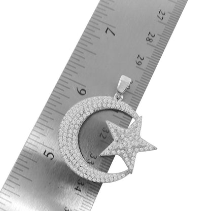 Real Genuine Sterling Silver Allah Muslim Islamic Crescent Moon and Star Charm Simulated Diamond Pendant Chain Neckless Set Small 1.35''