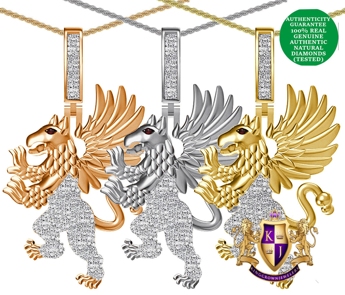 Real Genuine Authentic Diamond 0.65 Cwt. 24+ Grams Winged Griffin Lion Pagan Welsh Dragon Gryphon Greek Pendant 10K Gold On Charm Chain Set