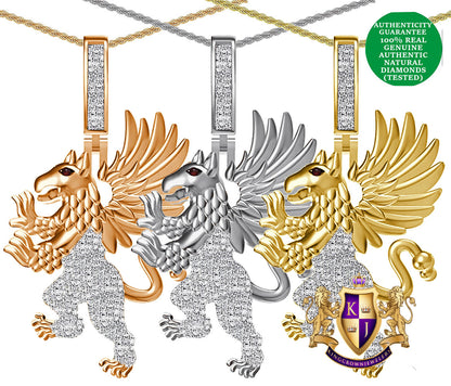 Real Genuine Authentic Diamond 0.65 Cwt. 24+ Grams Winged Griffin Lion Pagan Welsh Dragon Gryphon Greek Pendant 10K Gold On Charm Chain Set