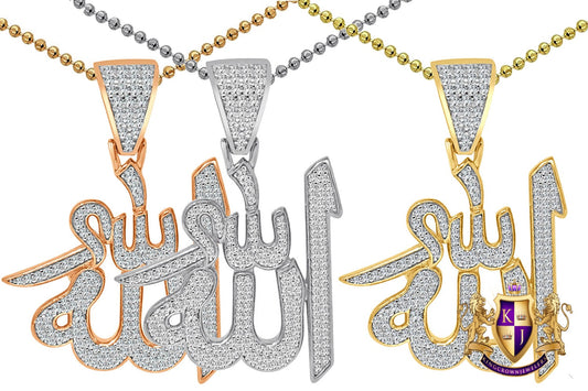 Real Genuine Italian Sterling Silver 2.00 Cwt. Simulated Diamond 14K Gold Over Allah God Muslim Islamic Arabic Pendant Charm Neckless Chain
