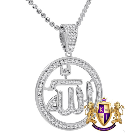 Real Genuine Sterling Silver 2.00 Cwt. Simulated Diamond 14K White Gold Over Allah Muslim Arabic Islamic Unisex Pendant Charm Chain Neckless