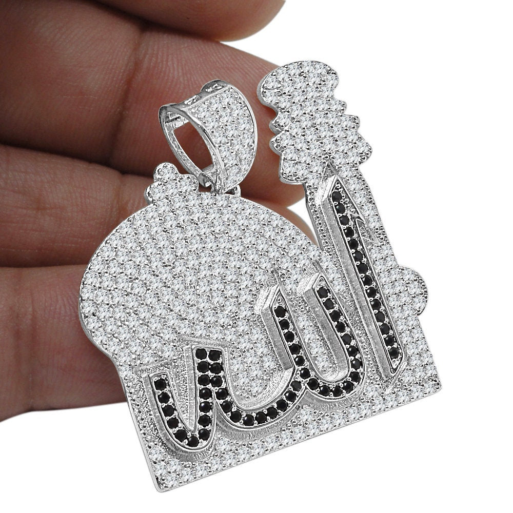 14k Gold On Genuine Italian Sterling Silver 2.00 Cwt. Simulated Diamond Muslim Mosque Allah God Arabic Islamic Unisex Pendant Charm 1.50''