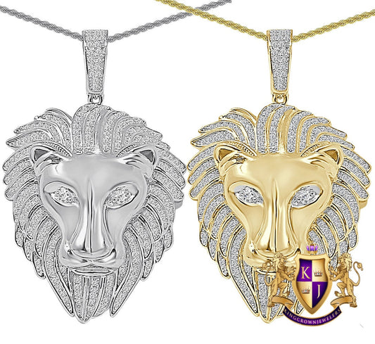 26+ Grams Real Genuine Italian Sterling Silver 2.00 Cwt. Simulated Diamond 14K Gold Finish Lion King Head Pendant Charm +Free Chain Neckless
