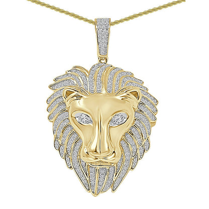 26+ Grams Real Genuine Italian Sterling Silver 2.00 Cwt. Simulated Diamond 14K Gold Finish Lion King Head Pendant Charm +Free Chain Neckless