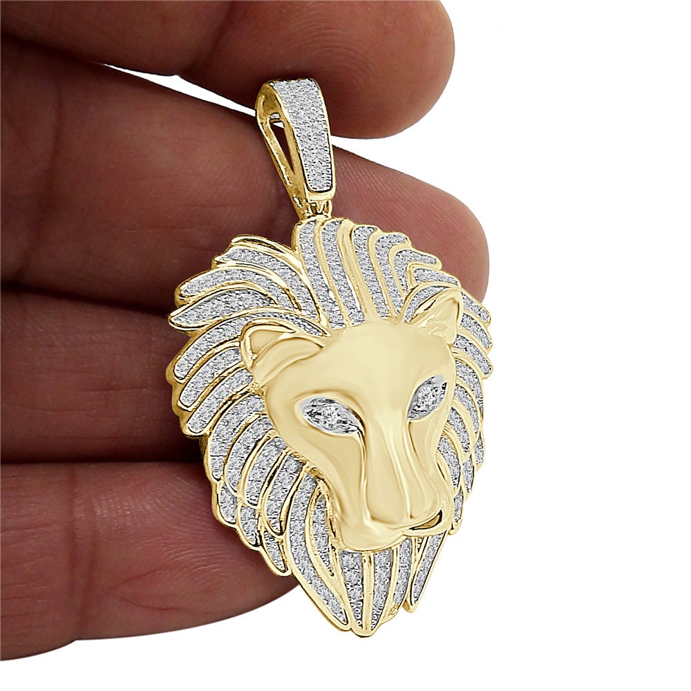 26+ Grams Real Genuine Italian Sterling Silver 2.00 Cwt. Simulated Diamond 14K Gold Finish Lion King Head Pendant Charm +Free Chain Neckless