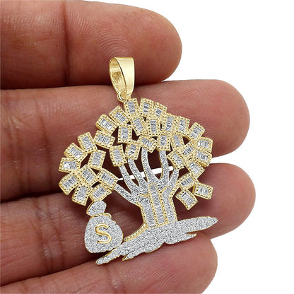 Sterling Silver 1.25 Cwt. Baguette/Round Cut Simulated Diamond 15+ Grams Lucky Dollar Bag Cash 100 Dollar Money Tree Pendant Charm 1.25''