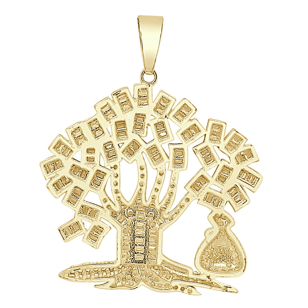 Sterling Silver 1.25 Cwt. Baguette/Round Cut Simulated Diamond 15+ Grams Lucky Dollar Bag Cash 100 Dollar Money Tree Pendant Charm 1.25''