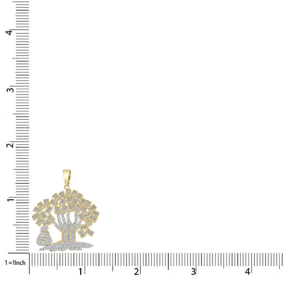 Sterling Silver 1.25 Cwt. Baguette/Round Cut Simulated Diamond 15+ Grams Lucky Dollar Bag Cash 100 Dollar Money Tree Pendant Charm 1.25''