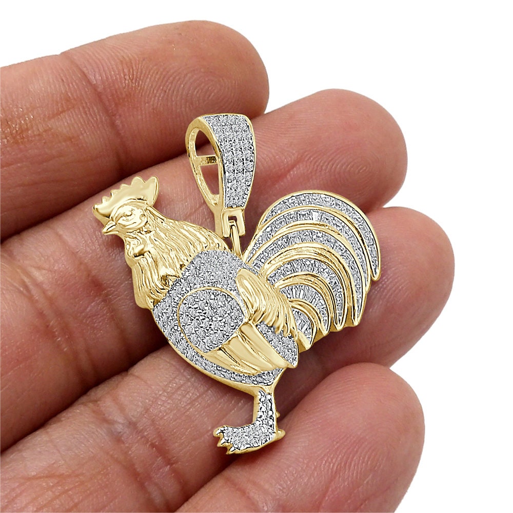 15+ Grams Baguette Real Genuine Sterling Silver 14K Gold Over Simulated Diamond Chicken Rooster Peacock Pendant Charm Chain Set Small 1.50''