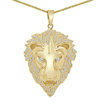 22+ Grams Real Genuine Italian Sterling Silver 1.75 Cwt. Simulated Diamond 14K Gold Finish Lion King Head Pendant Charm +Free Chain Neckless