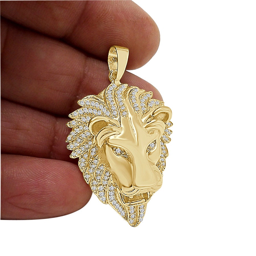 22+ Grams Real Genuine Italian Sterling Silver 1.75 Cwt. Simulated Diamond 14K Gold Finish Lion King Head Pendant Charm +Free Chain Neckless