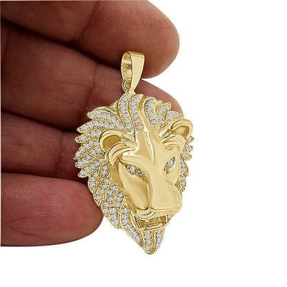 22+ Grams Real Genuine Italian Sterling Silver 1.75 Cwt. Simulated Diamond 14K Gold Finish Lion King Head Pendant Charm +Free Chain Neckless