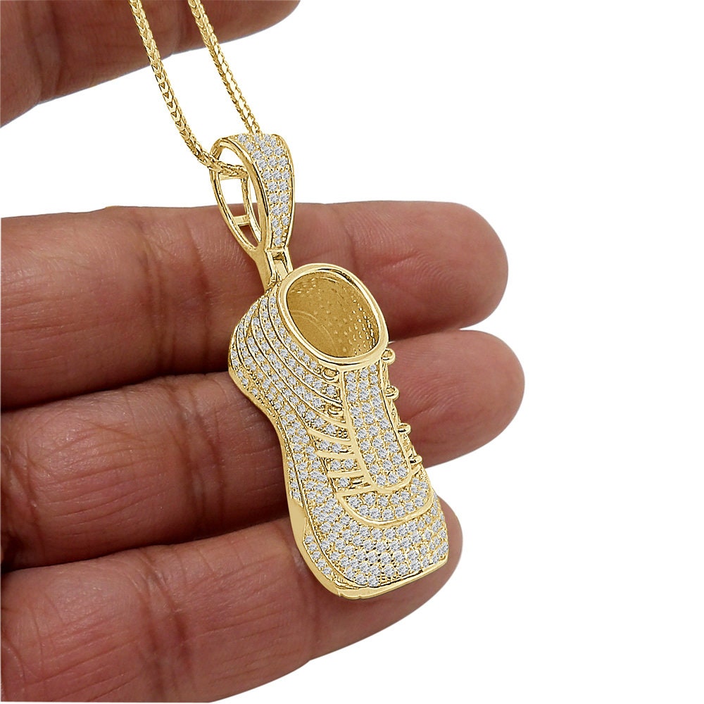 24+ Grams Real Sterling Silver 2.20 Cwt. Simulated Diamond 14K Gold Over Designer Sports Men's Shoe Sneaker Pendant Charm Chain Set 2.15''