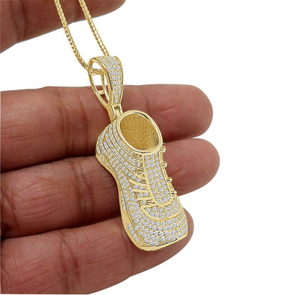 24+ Grams Real Sterling Silver 2.20 Cwt. Simulated Diamond 14K Gold Over Designer Sports Men's Shoe Sneaker Pendant Charm Chain Set 2.15''