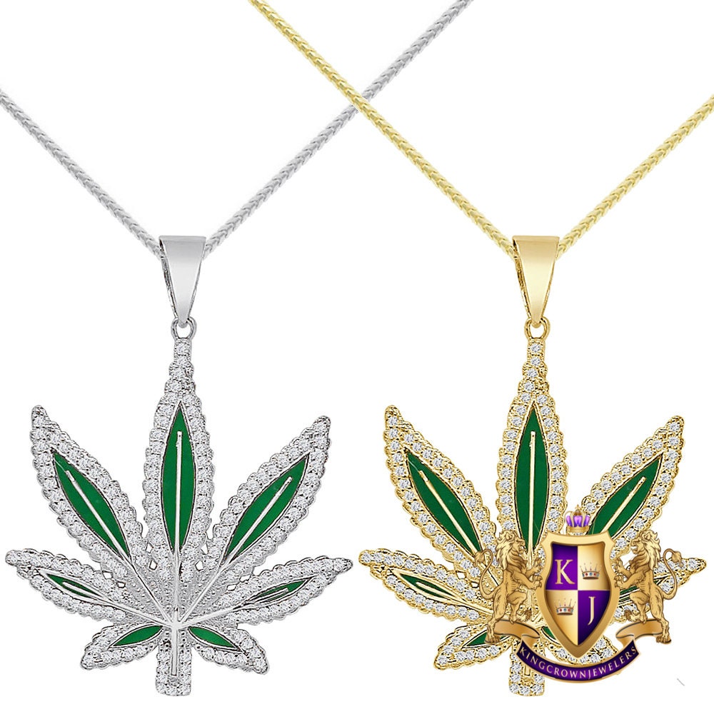 Men's 14+ Grams Real Sterling Silver 1.00 Cwt. Simulated Diamond 14K Gold Finish Weed Marijuana Leaf Plant Custom Pendant Charm Chain Set