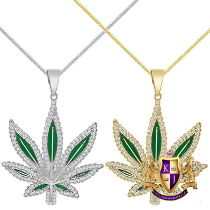 Men's 14+ Grams Real Sterling Silver 1.00 Cwt. Simulated Diamond 14K Gold Finish Weed Marijuana Leaf Plant Custom Pendant Charm Chain Set