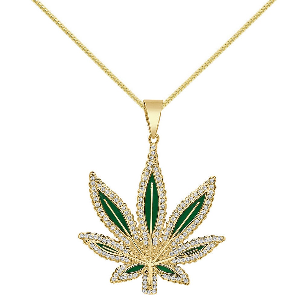Men's 14+ Grams Real Sterling Silver 1.00 Cwt. Simulated Diamond 14K Gold Finish Weed Marijuana Leaf Plant Custom Pendant Charm Chain Set