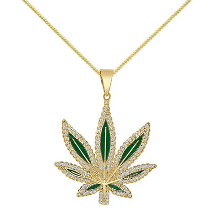 Men's 14+ Grams Real Sterling Silver 1.00 Cwt. Simulated Diamond 14K Gold Finish Weed Marijuana Leaf Plant Custom Pendant Charm Chain Set