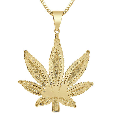 Men's 14+ Grams Real Sterling Silver 1.00 Cwt. Simulated Diamond 14K Gold Finish Weed Marijuana Leaf Plant Custom Pendant Charm Chain Set
