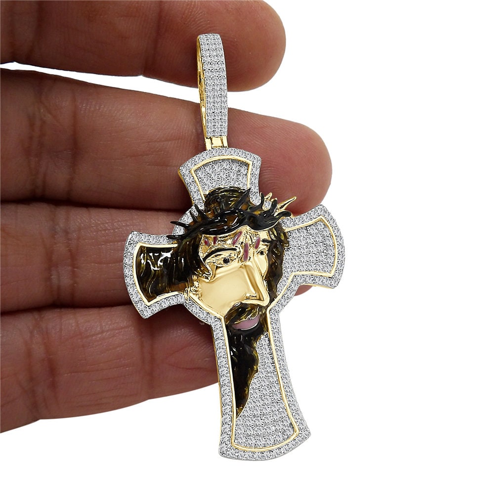27+ Grams Real Genuine Sterling Silver 2.50 Cwt. Simulated Diamond 14K Gold Finish Jesus Crown of Thorns Cross Pendant Charm + Free Chain