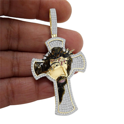 27+ Grams Real Genuine Sterling Silver 2.50 Cwt. Simulated Diamond 14K Gold Finish Jesus Crown of Thorns Cross Pendant Charm + Free Chain