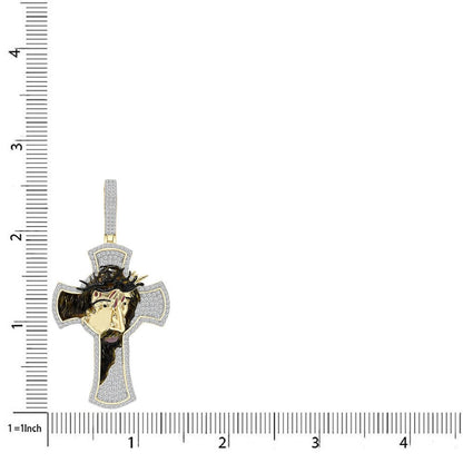 27+ Grams Real Genuine Sterling Silver 2.50 Cwt. Simulated Diamond 14K Gold Finish Jesus Crown of Thorns Cross Pendant Charm + Free Chain