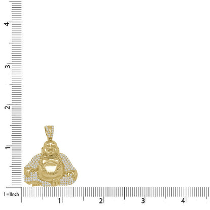 Real Genuine Sterling Silver 14K Gold On 1,00 Cwt. Simulated Diamonds Buddha Religious Unisex Pendant Charm Chain Neckless Set Small 1.50''